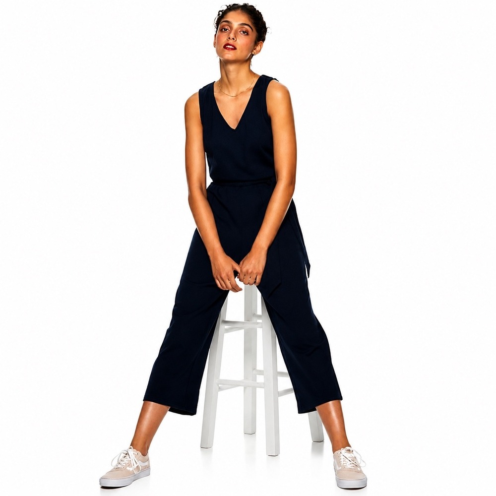 POPSUGAR Black Wide Leg Cropped‎ Jumpsuit XL Stretch V Neck Casual Minimalist